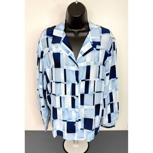August Max Women's  Geo Patterned Silk Button Front Blouse Blue Size 18W